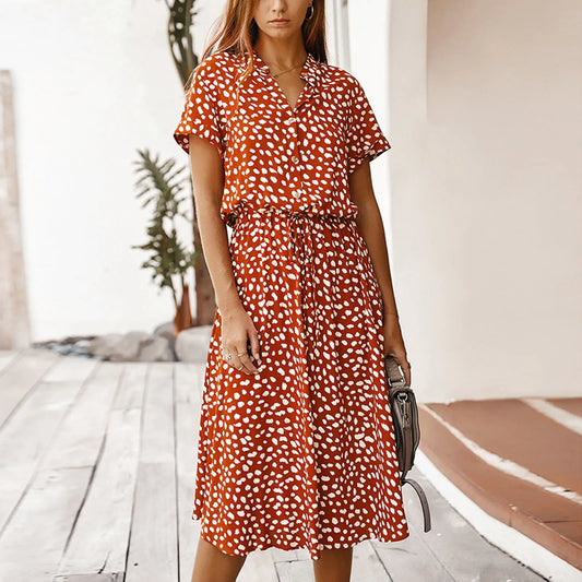 Women's Polka Dot Midi Dress – Slim Fit A-Line Casual Summer Dress with Drawstring Waist