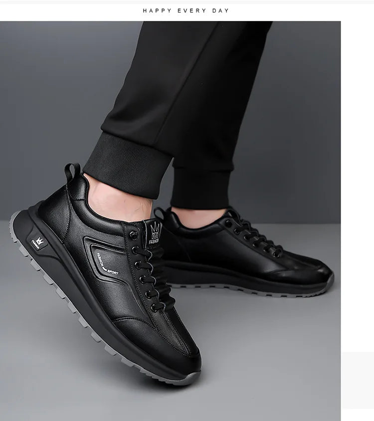 Men's Doefhom Genuine Cow Leather Sneakers — Lace-Up Casual Sport Shoes | Waterproof Outdoor Street Style Trainers for Spring & Autumn