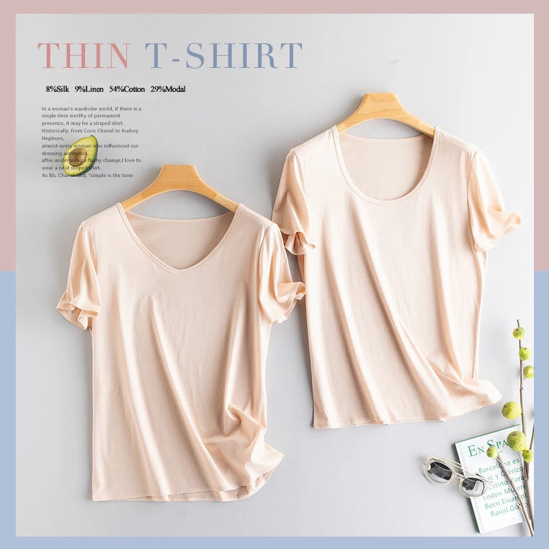 Eesswel Women's V-Neck Silk-Blend T-Shirt | Soft Breathable Summer Tee | Casual Short Sleeve Solid Top – Multiple Colors