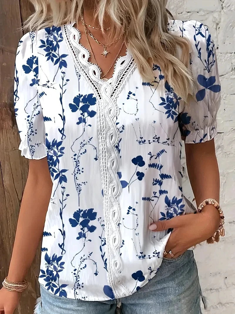 Women's Floral Lace V-Neck Blouse | Short Sleeve Summer Top