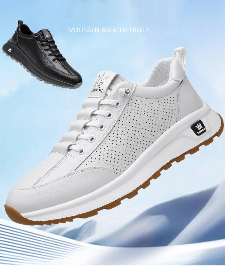 Men's Doefhom Genuine Cow Leather Sneakers — Lace-Up Casual Sport Shoes | Waterproof Outdoor Street Style Trainers for Spring & Autumn