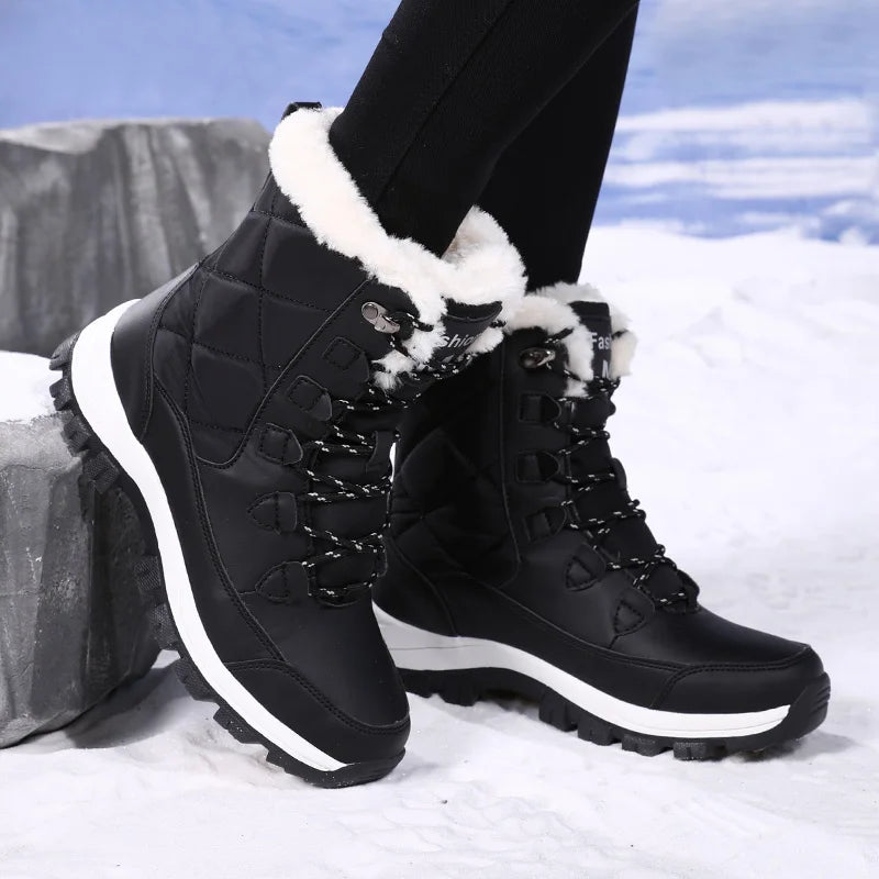 Women's Plush-Lined Waterproof Snow Boots - High-Top Winter Hiking Ankle Boots
