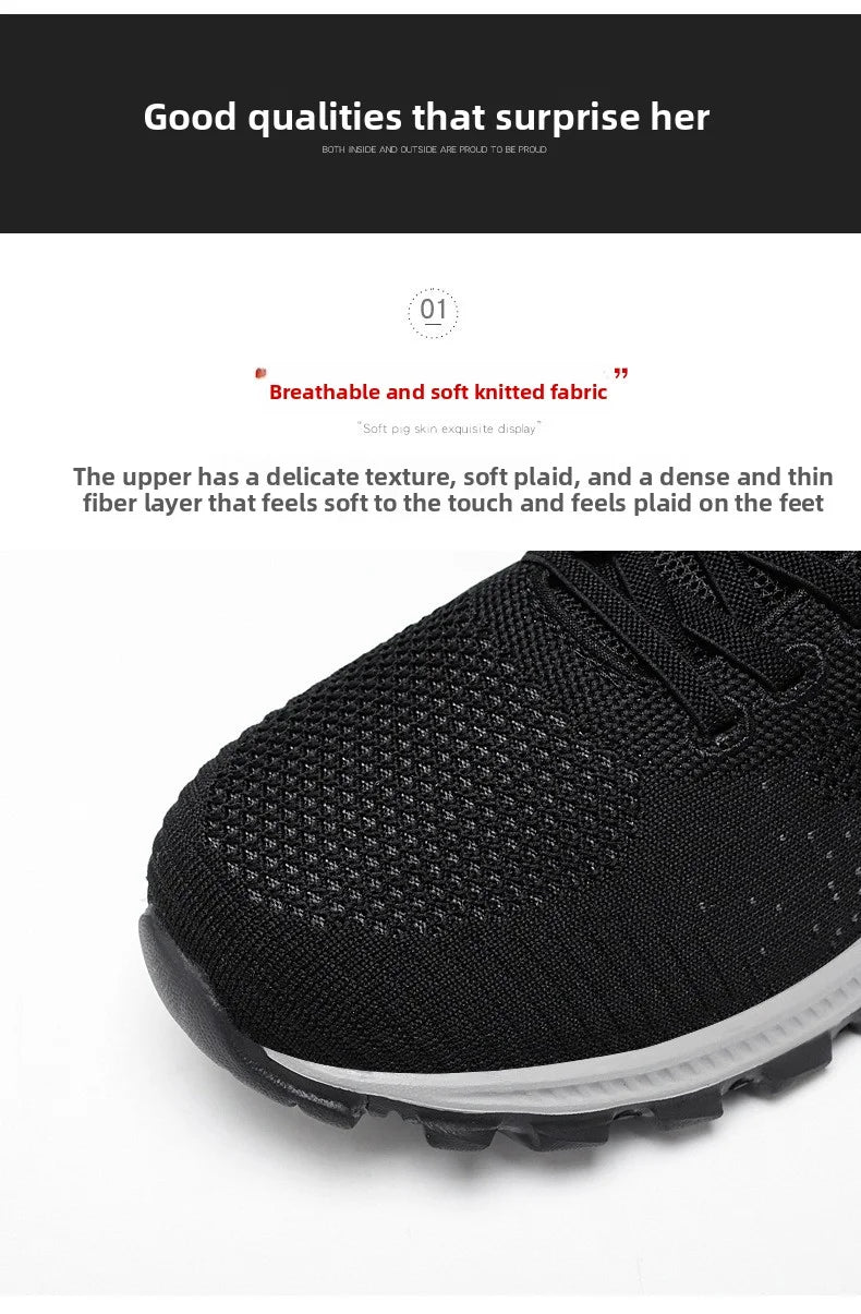Close-up showcases the breathable, soft knitted fabric upper of a black athletic shoe, highlighting its delicate texture and comfortable plaid-like feel.
