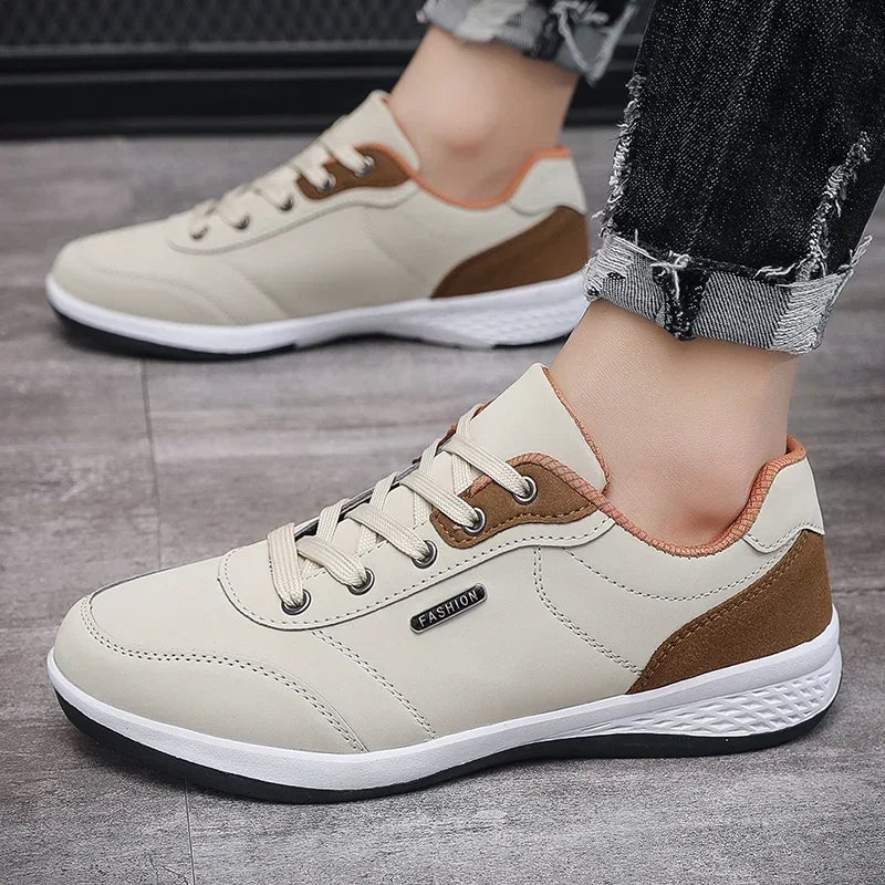Men's Two-Tone Leather Casual Sneakers — Lightweight Lace-Up Stitching Walking Shoes | EVA Sole Non-Slip Street Style Trainers for Spring & Autumn