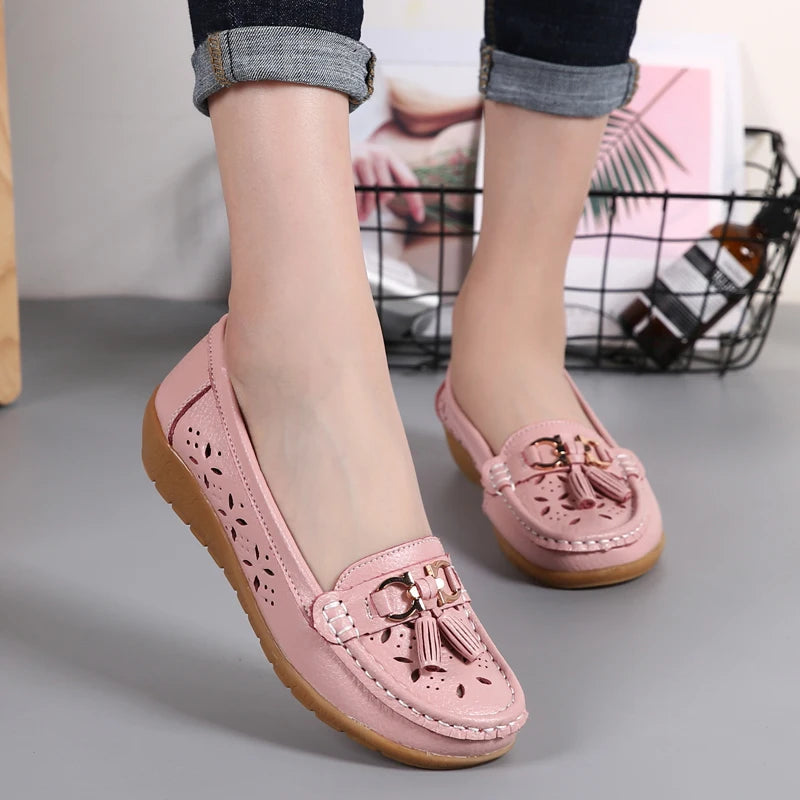 Women's Genuine Leather Loafers Flat Comfort Slip-On Moccasins with Arch Support Wide Sizes EU 41-43 (US 10-12)