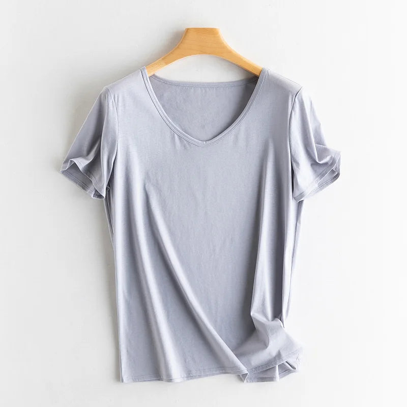 Eesswel Women's V-Neck Silk-Blend T-Shirt | Soft Breathable Summer Tee | Casual Short Sleeve Solid Top – Multiple Colors