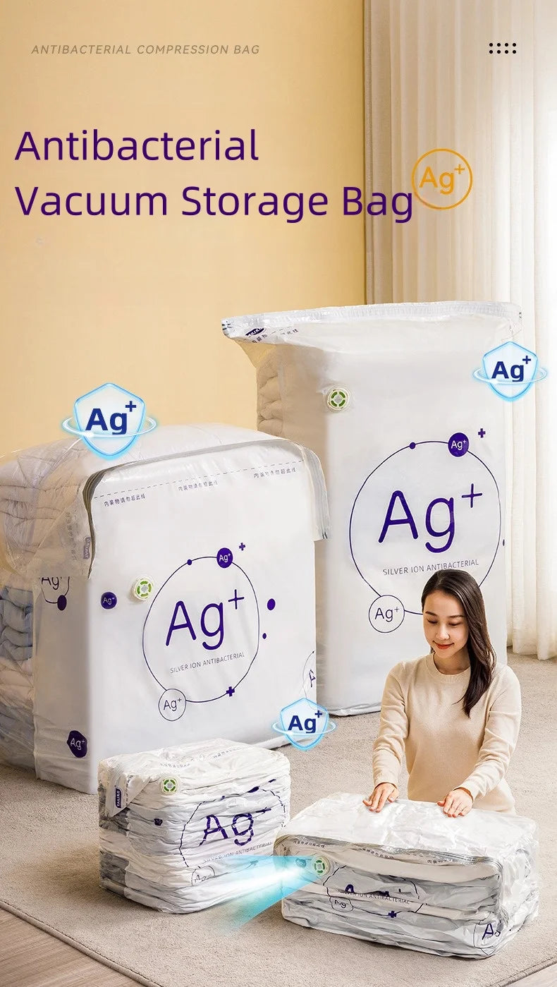 TAILI Antibacterial Vacuum Storage Bags – No-Pump Compression Bags with Ag+ Silver Ion for Clothes & Blankets | Travel & Home Organizer