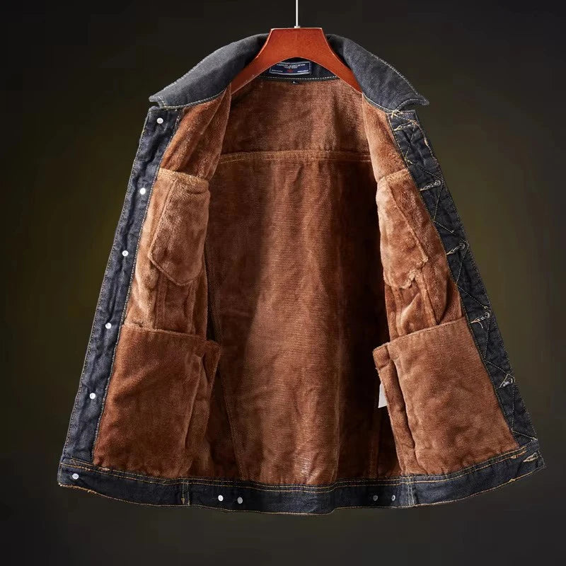 Men's Retro Denim Jacket - Warm Fleece-Lined Punk Streetwear Coat for Winter Adventures.