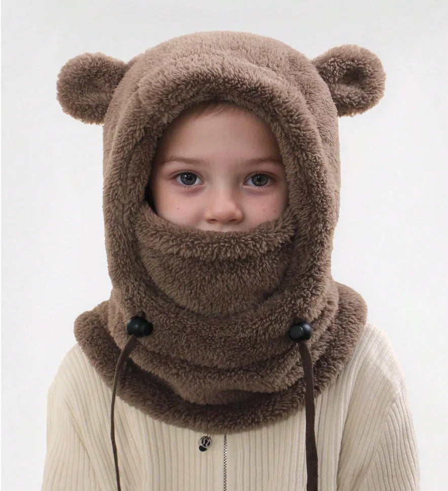 Unisex Kids Cute Bear Ear Winter Hood - All-in-One Face Cover & Scarf | Polyester Warm Balaclava Ages 2-8