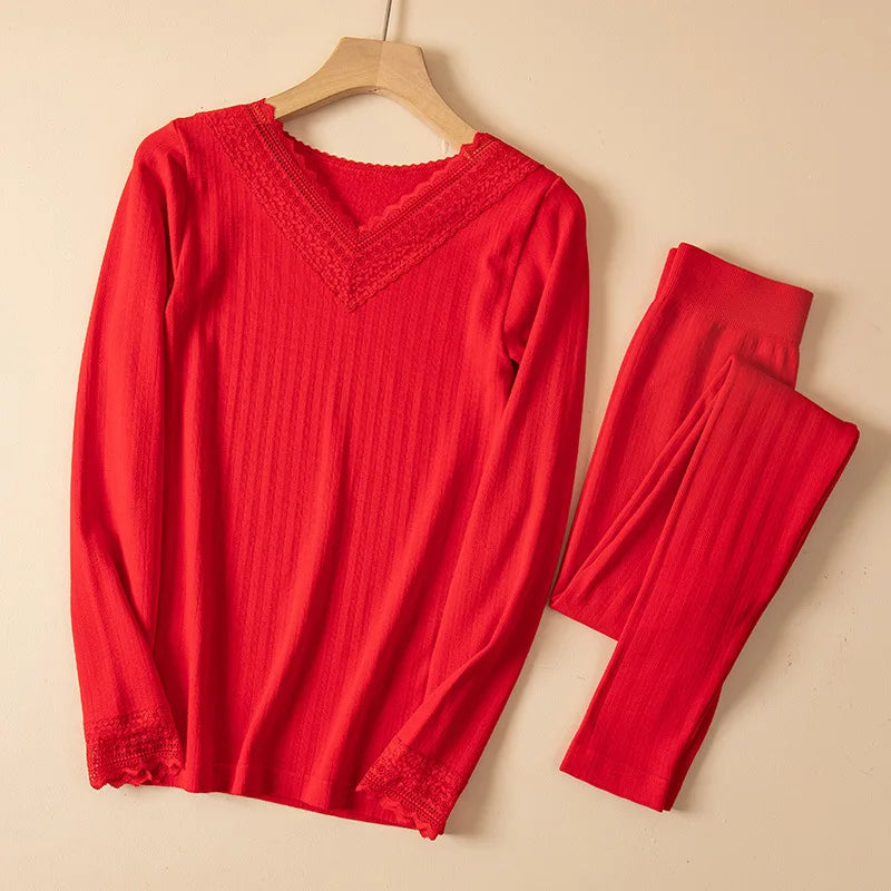 Women's Winter Lace Thermal Underwear Set: Long Sleeve V-Neck Blouse & Slim Fit Pants for Cozy Autumn Style.