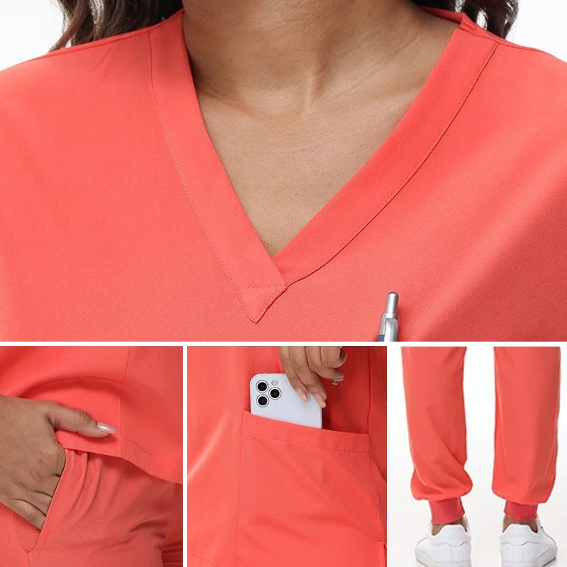 Women's 2025 New Nurse Uniforms V-neck Top Jogger Pants Scrub Sets Surgical