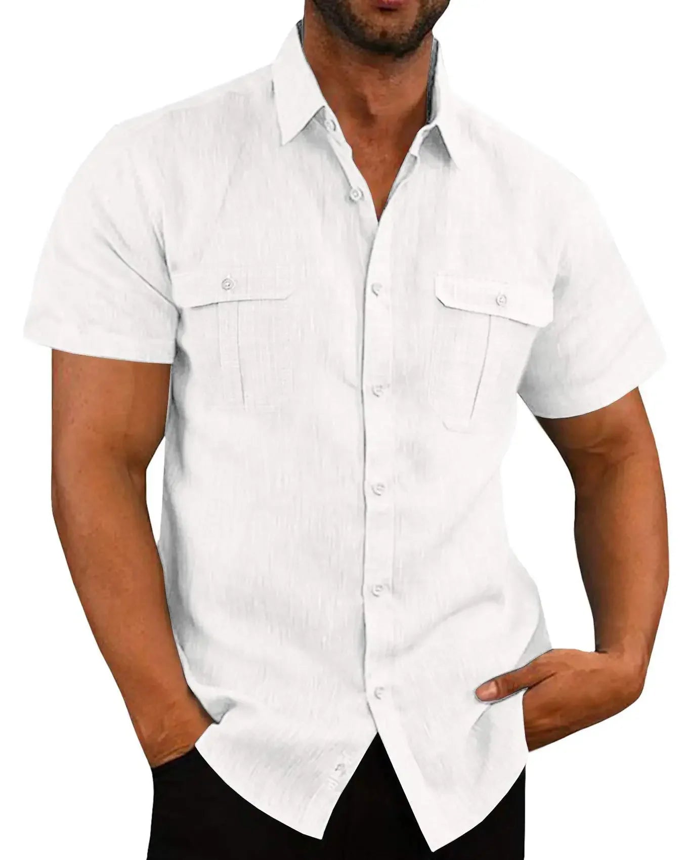 DFKDZG Men's Linen Blend Short-Sleeve Casual Button-Down Shirt | Breathable Summer Beach Style, Plus Size M–4XL
