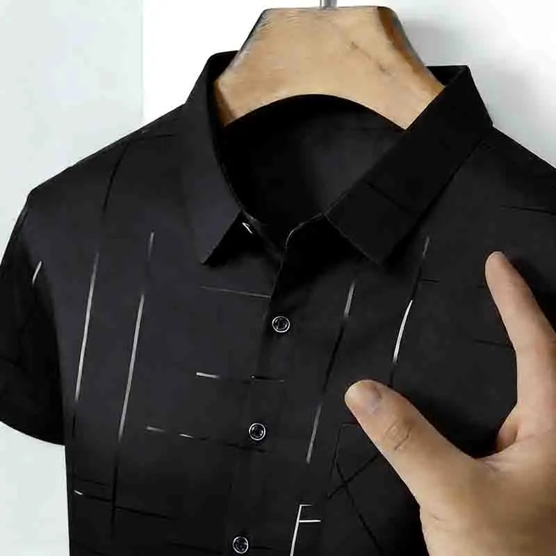 Men's 2026 Geometric Line Print Shirt Short Sleeve with Chest Pocket | 100% Cotton Button-Up Business Casual Daily Office Fashion Top.