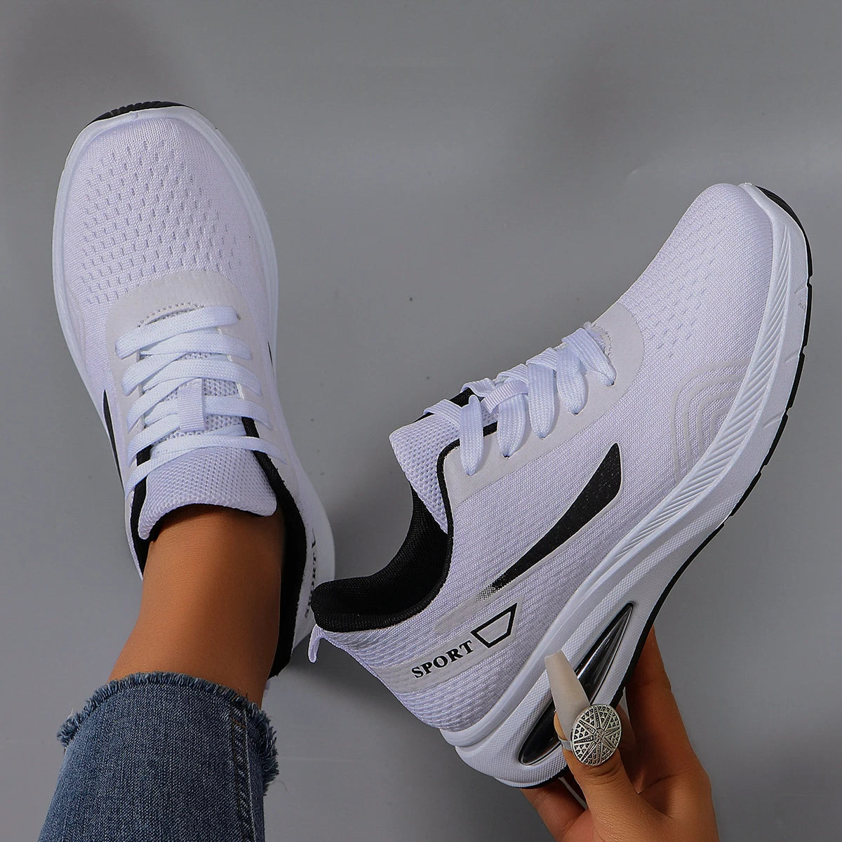 Women's Air Cushion Lace-Up Sneakers – Breathable Mesh Color-Block Running Style Shoes with Rubber Sole