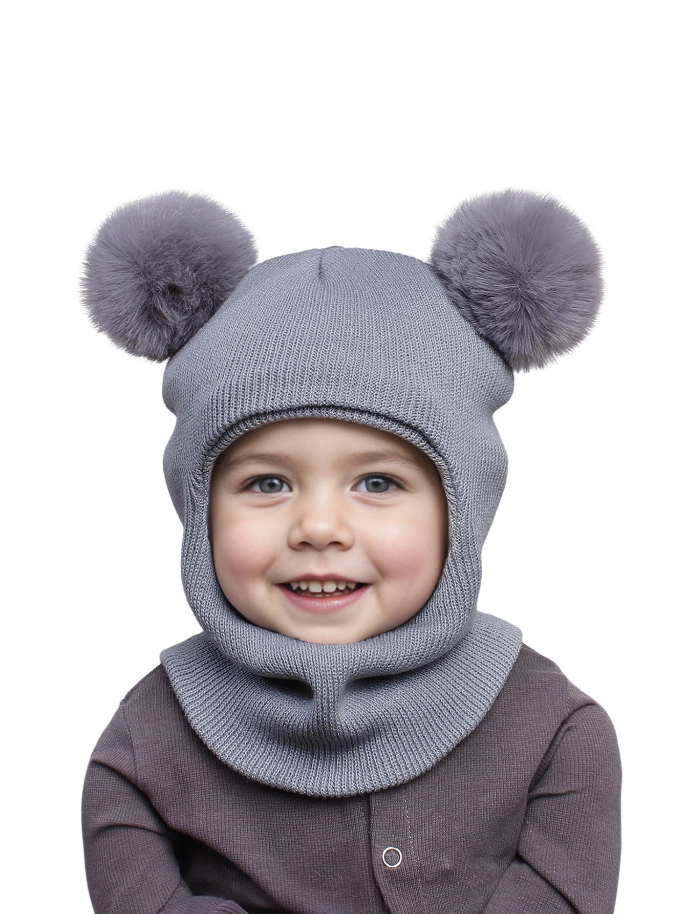 Unisex Adorable Kids Pom Pom Winter Hood - Knitted Hat & Scarf Combo | Cotton Ear-Protecting Balaclava