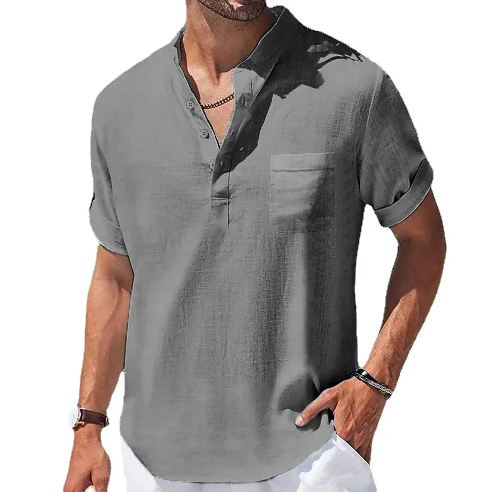 Men's Casual Henley Collar Shirt | Short Sleeve Cotton Linen Summer Top – FURCW