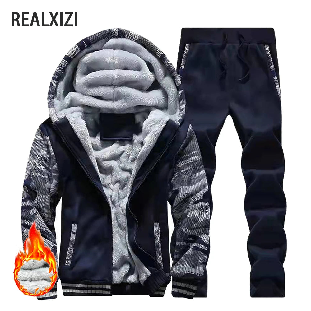 Men's Winter Polyester Set - Warm Hooded Jacket Pants
