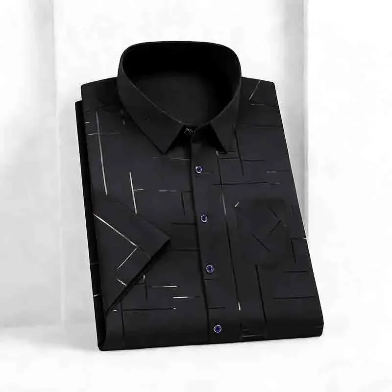 Men's 2026 Geometric Line Print Shirt Short Sleeve with Chest Pocket | 100% Cotton Button-Up Business Casual Daily Office Fashion Top.