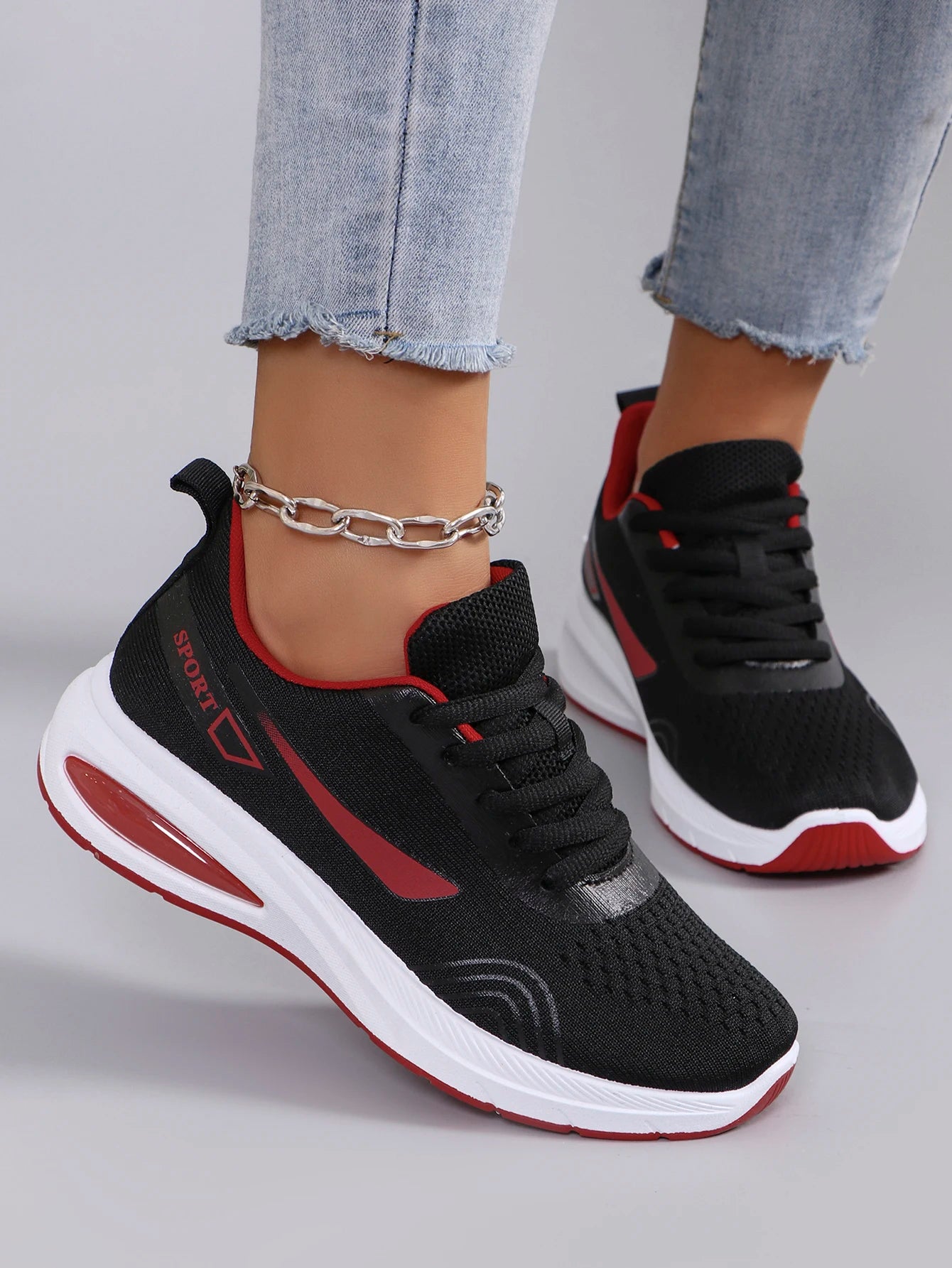 Women's Air Cushion Lace-Up Sneakers – Breathable Mesh Color-Block Running Style Shoes with Rubber Sole