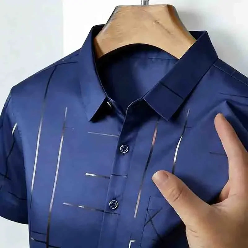 Men's 2026 Geometric Line Print Shirt Short Sleeve with Chest Pocket | 100% Cotton Button-Up Business Casual Daily Office Fashion Top.