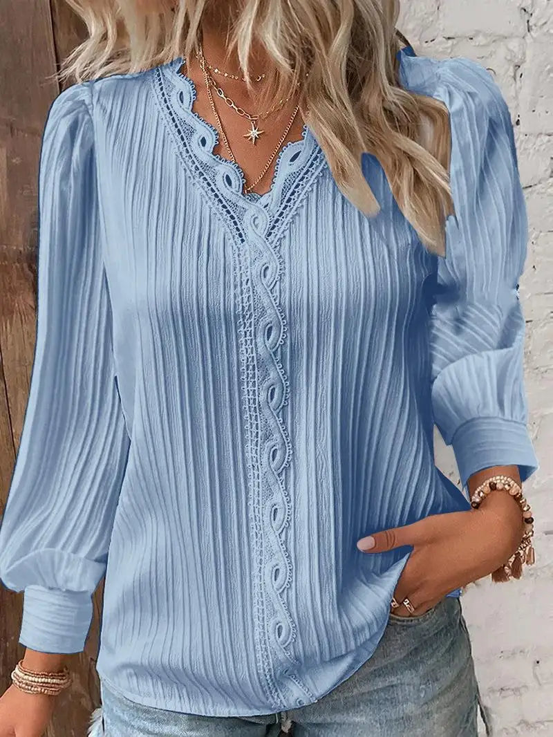 Women's LEDP Lace Detail V-Neck Blouse — Long Sleeve Textured Office Shirt | Elegant Pullover Top for Work & Casual | Autumn & Winter 2025