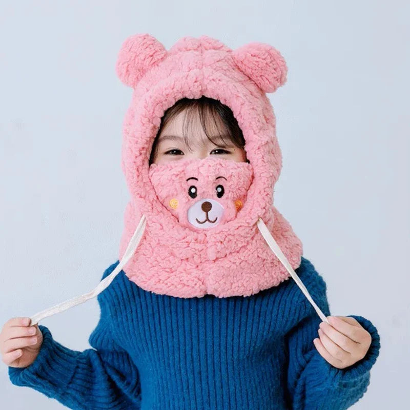 Unisex Kids Bear Ears Hood Hat Scarf Mask - Winter Plush Ear Protection Cap