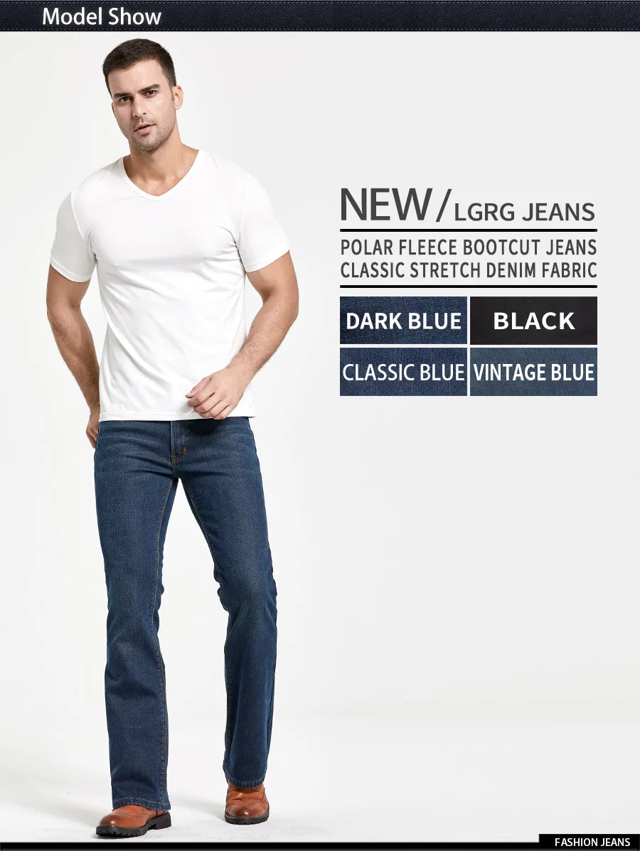 Men's Winter Stretch Fleece Jeans: Warm & Stylish Boot Cut.