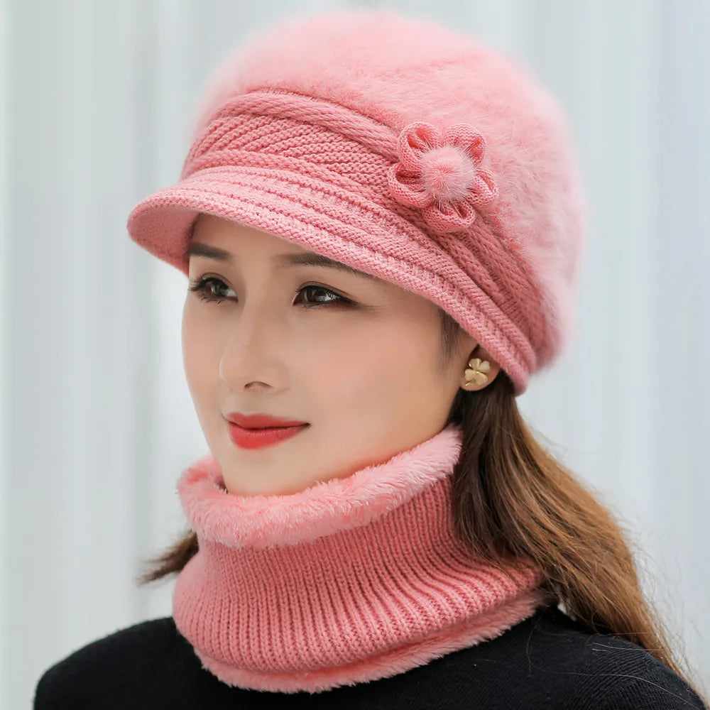 Women's Knitted Winter Hat & Scarf Set - Faux Fur Lined with Flower Detail | Acrylic Warm Cap