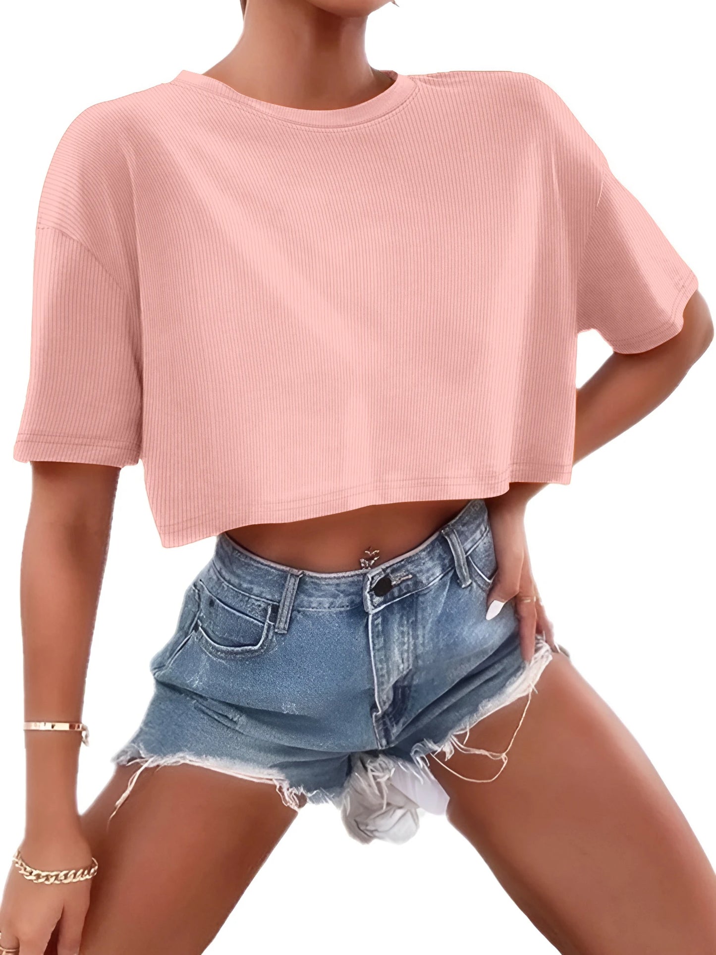 Women's Ribbed Crop Top | Short Sleeve Stretch Tee | Y2K Casual Summer Streetwear
