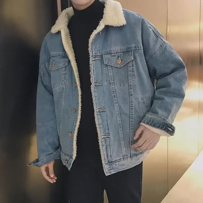 Men's Trendy Winter Denim Jacket - Thickened Lamb Wool Casual Coat.