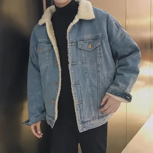 Men's Trendy Winter Denim Jacket - Thickened Lamb Wool Casual Coat.