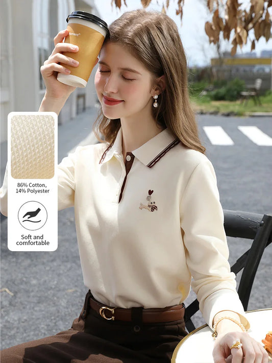 Women's Embroidered Polo Neck T-Shirt - Long Sleeve Cotton Blend Casual Top for Autumn
