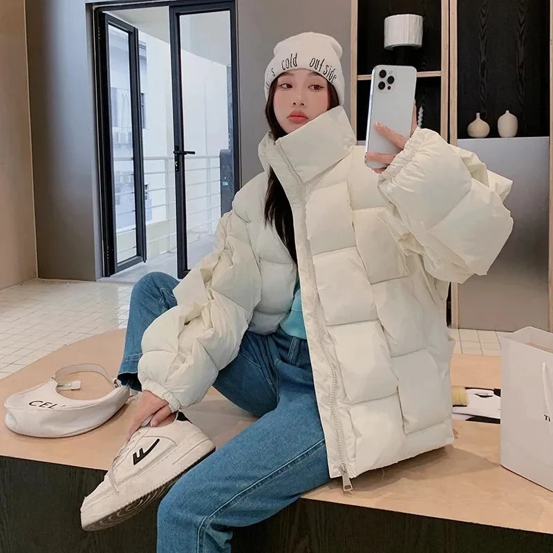 Women's Oversized Puffer Jacket - Warm Cotton Filled Winter Coat with Stand Collar