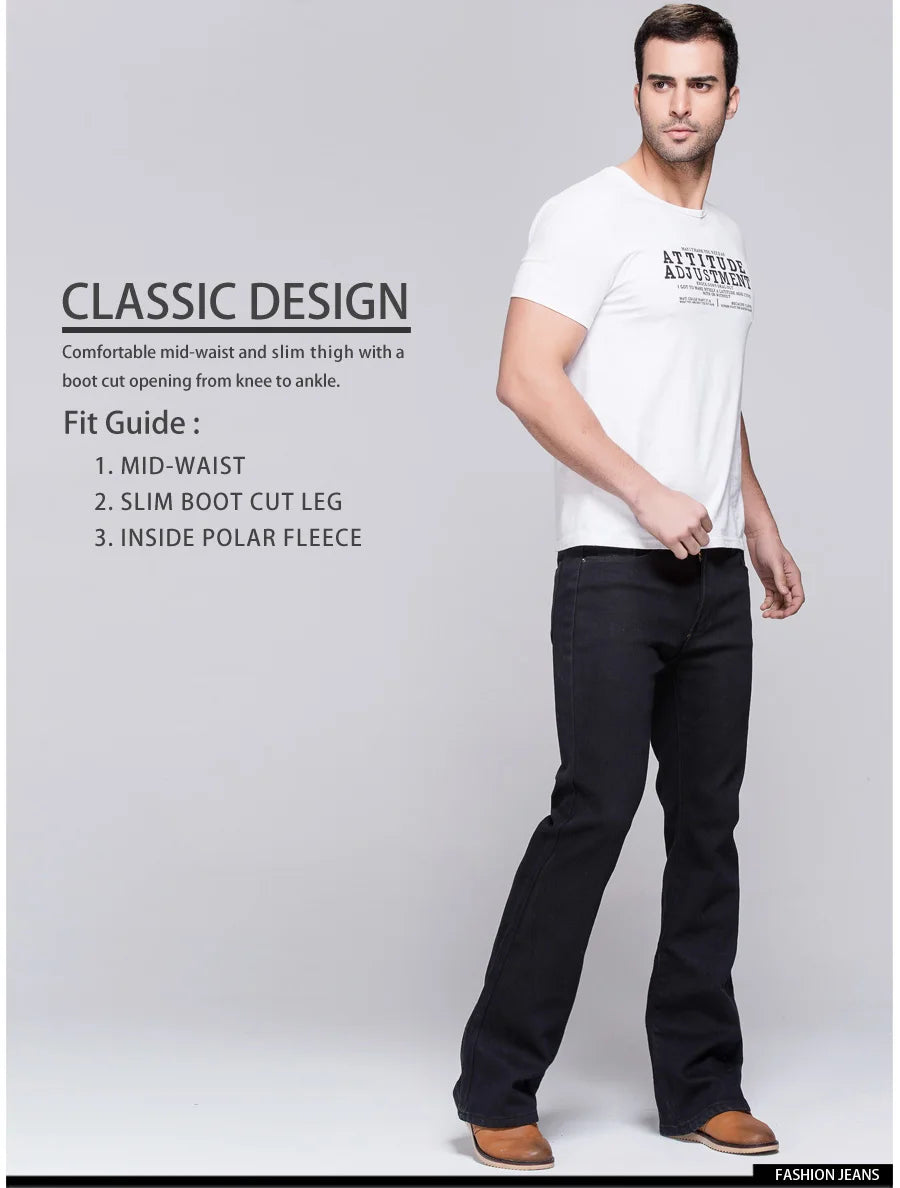 Men's Winter Stretch Fleece Jeans: Warm & Stylish Boot Cut.