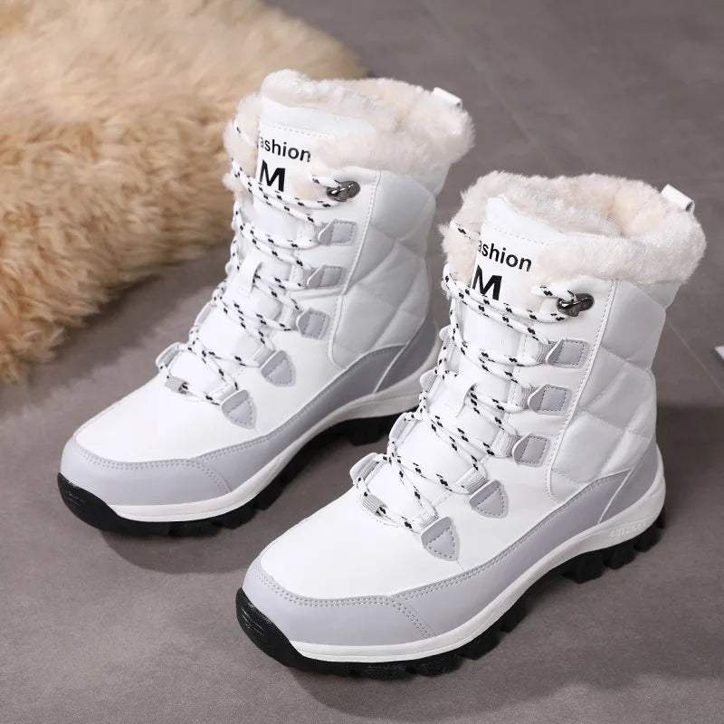 Women's Plush-Lined Waterproof Snow Boots - High-Top Winter Hiking Ankle Boots