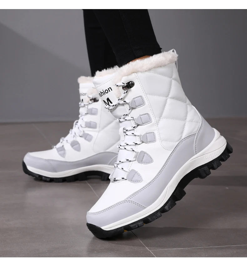 Women's Plush-Lined Waterproof Snow Boots - High-Top Winter Hiking Ankle Boots