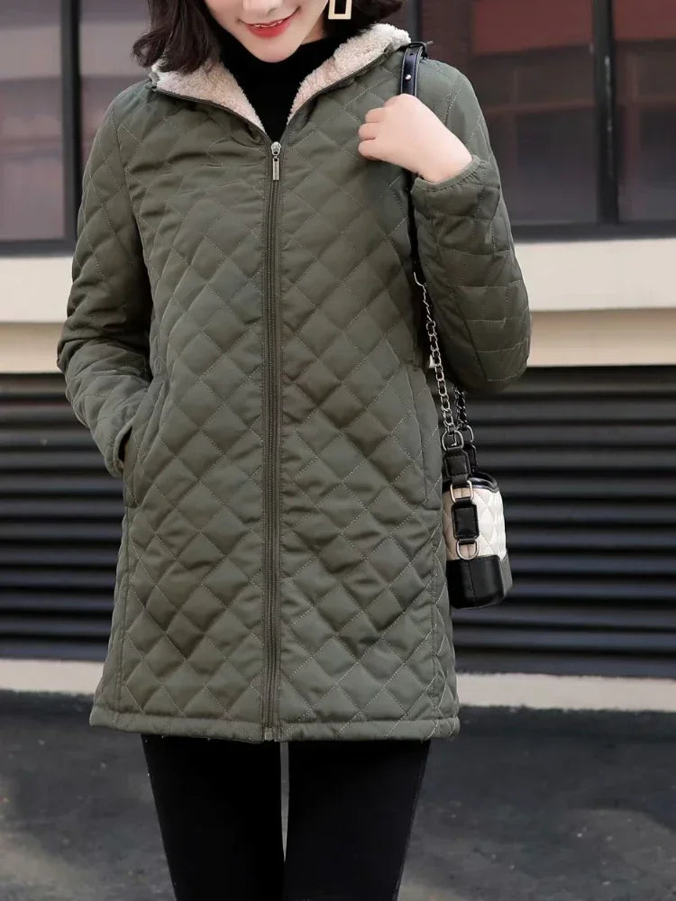 Women's Oversized Winter Jacket - Lamb Down Lined Hooded Parka with Cashmere Blend.