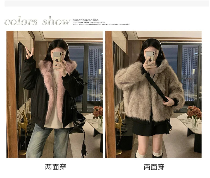 Women's Reversible Faux Fur Hooded Coat - Double Sided Polyester Autumn/Winter Jacket with Warm Padding