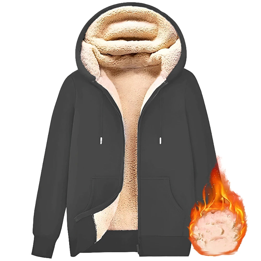 Men's Cashmere Plush Lined Sweatshirt Coat - Warm Zipper Lamb Wool Jacket with Front Pockets