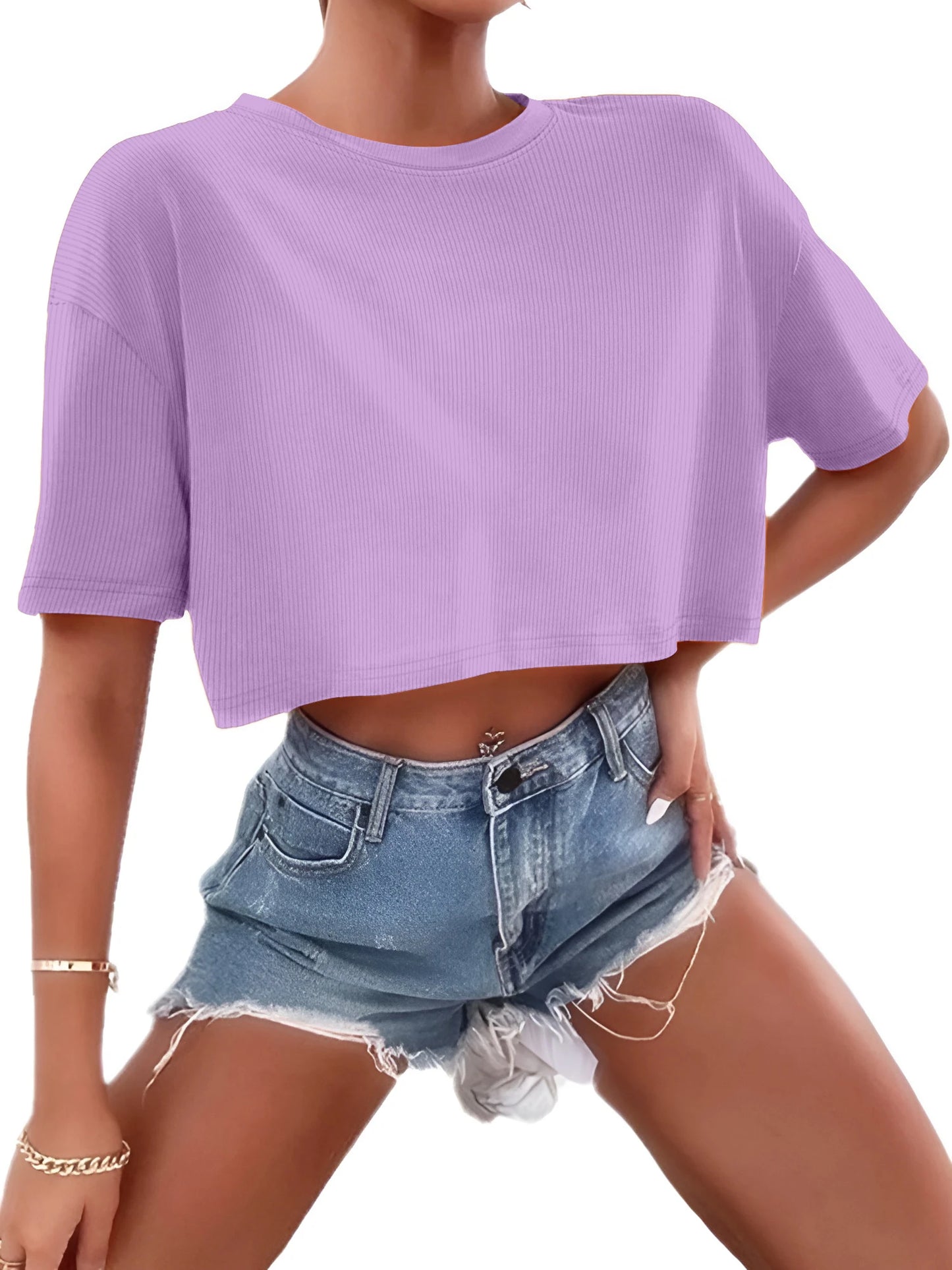 Women's Ribbed Crop Top | Short Sleeve Stretch Tee | Y2K Casual Summer Streetwear