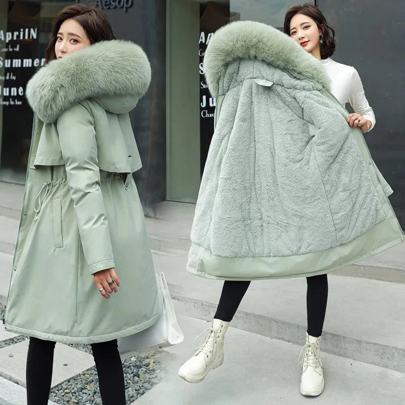 Women's Luxe Winter Parka: Thick Padded Coat with Wool Liner & Fur-Trimmed Hood-Stylish Snow Wear in Cotton-Polyester Blend.