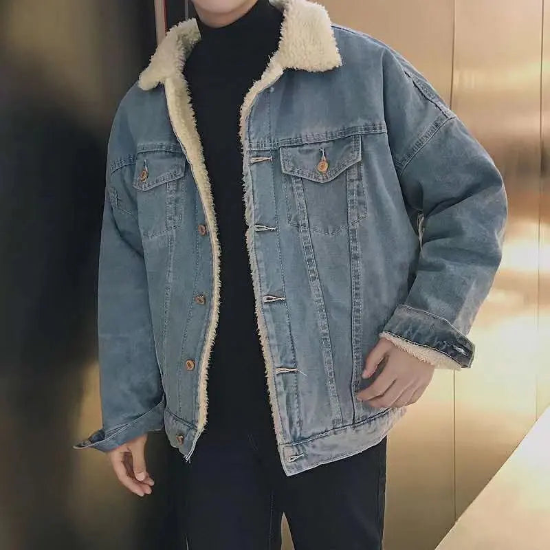 Men's Trendy Winter Denim Jacket - Thickened Lamb Wool Casual Coat.