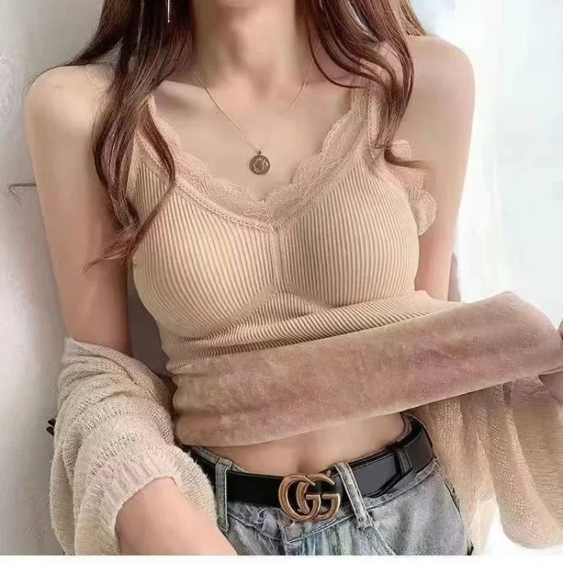 Women's Sleek & Stylish Thermal Lace Vest with Padded Bra for Winter Warmth.