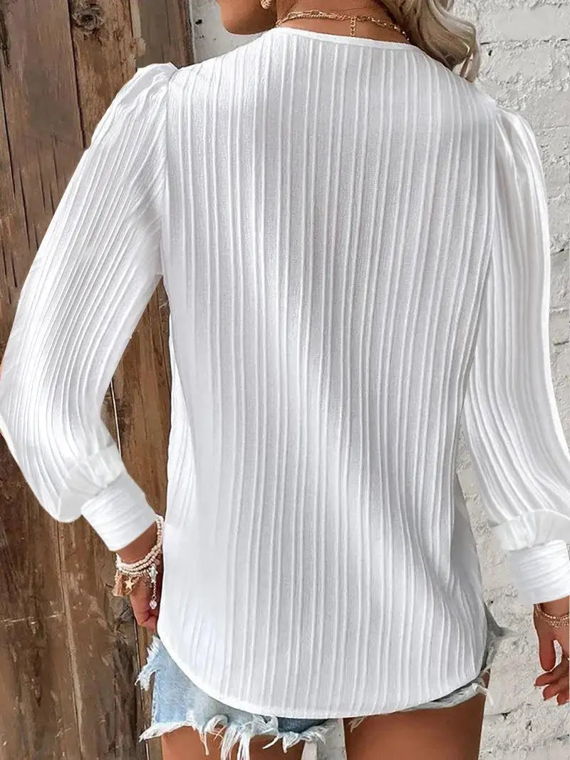 Women's LEDP Lace Detail V-Neck Blouse — Long Sleeve Textured Office Shirt | Elegant Pullover Top for Work & Casual | Autumn & Winter 2025