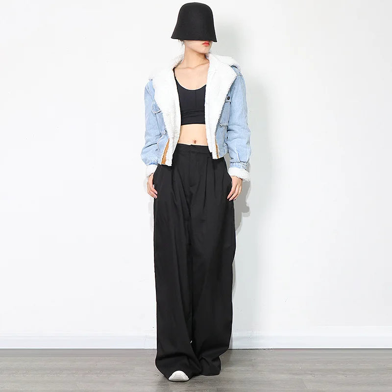 Women's Winter Denim Spliced Hooded Lamb Wool Jacket for Women-Thick Cotton Outwear with Double Pockets & Single-Breasted Closure.