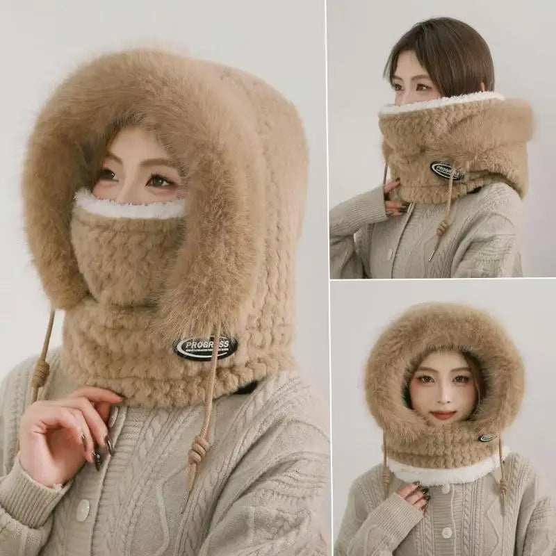 Women's Winter Plush Hood Hat - Windproof Thermal Scarf Mask Cap