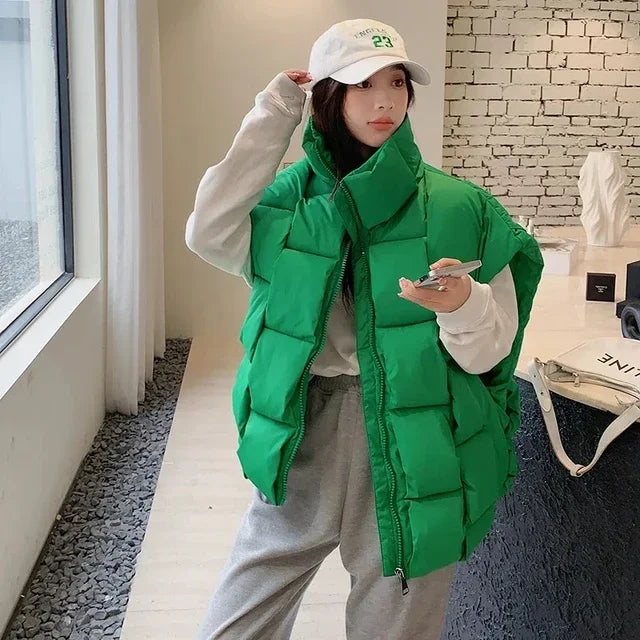 Women's Oversized Puffer Jacket - Warm Cotton Filled Winter Coat with Stand Collar