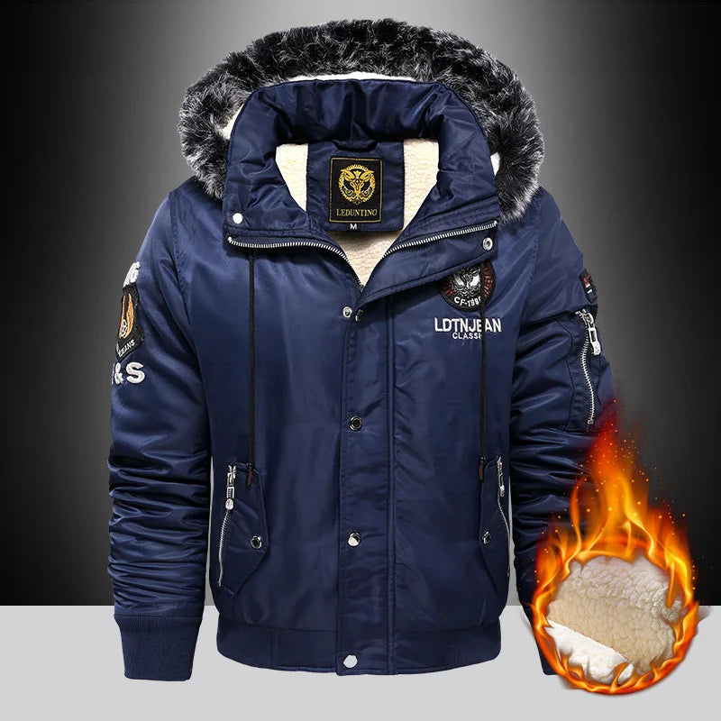 Men's Raw Edge Hooded Aviator Jacket - Winter Warmth with Embroidered Style.