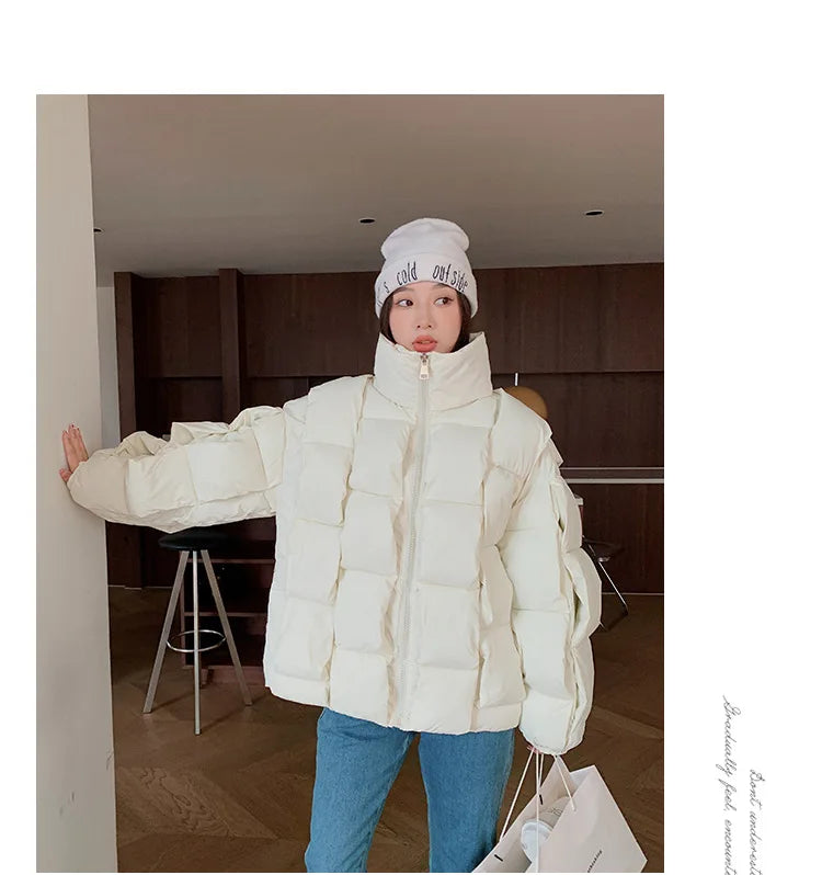 Women's Oversized Puffer Jacket - Warm Cotton Filled Winter Coat with Stand Collar
