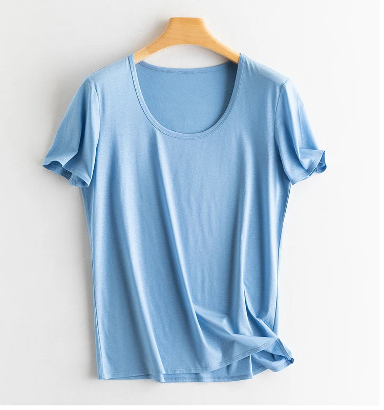 Eesswel Women's V-Neck Silk-Blend T-Shirt | Soft Breathable Summer Tee | Casual Short Sleeve Solid Top – Multiple Colors